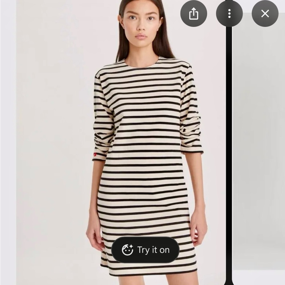 Tory Burch Scrunch Sleeve Striped Dress, Small, black/ecru